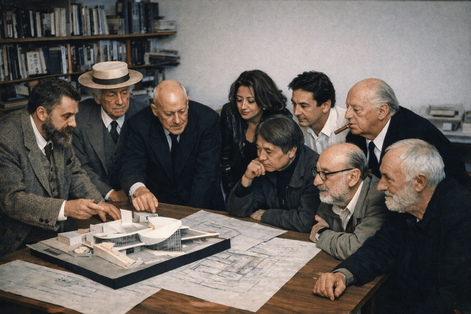 Foto hecha por IA en la que se puede ver a algunos de los arquitectos más famosos de la historia trabajando juntos